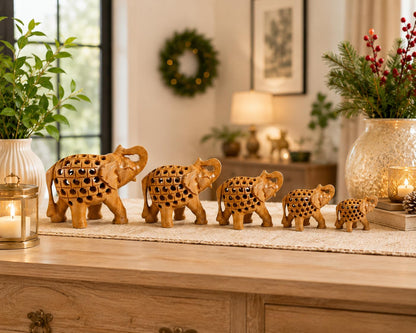 Yepsio Wooden Elephant Figurine Set, Hand Carved, 5 Pieces, 2-4 inches, Decorative Home Gift