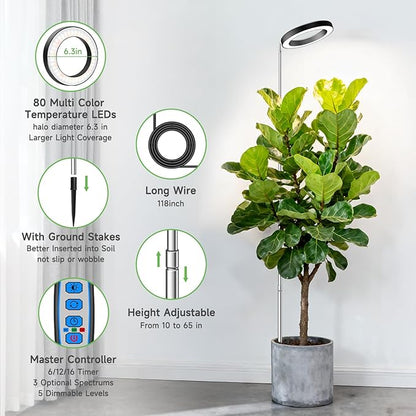 Aokrean 6.3in Grow Light, 80LED Full Spectrum Plant Light for Indoor Growing, Height Adjustable 10"-65", Auto Timer 6/12/16H, 3 Optional Spectrums, Idea for Large Plant, 5V, Black, 2 Pack