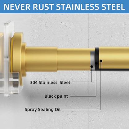 CorkLatta Gold Shower Curtain Rod,1 Inch Diameter Stainless Steel Adjustable Spring Tension Rods 32 to 80",with Holders,Anti-Slip,Curtain Rods No Drilling(1 Pack)