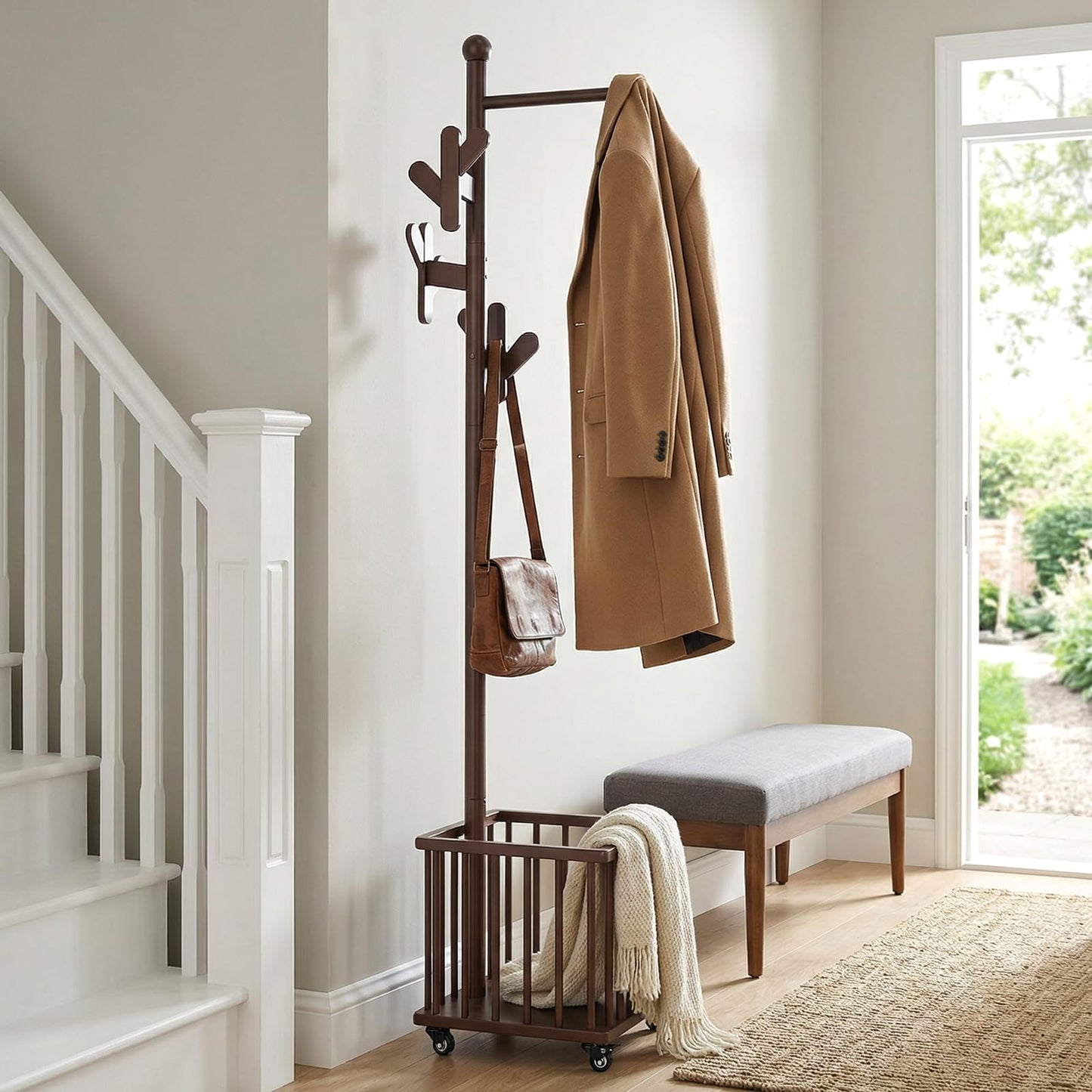 Cactus Freestanding Wooden Coat Rack with Storage Basket,Walnut Coat Rack with Hooks and Wheels,Space-Saving Entryway Organizer for Hanging Clothes,Bags and Storing Towels,Bedroom, Living Room