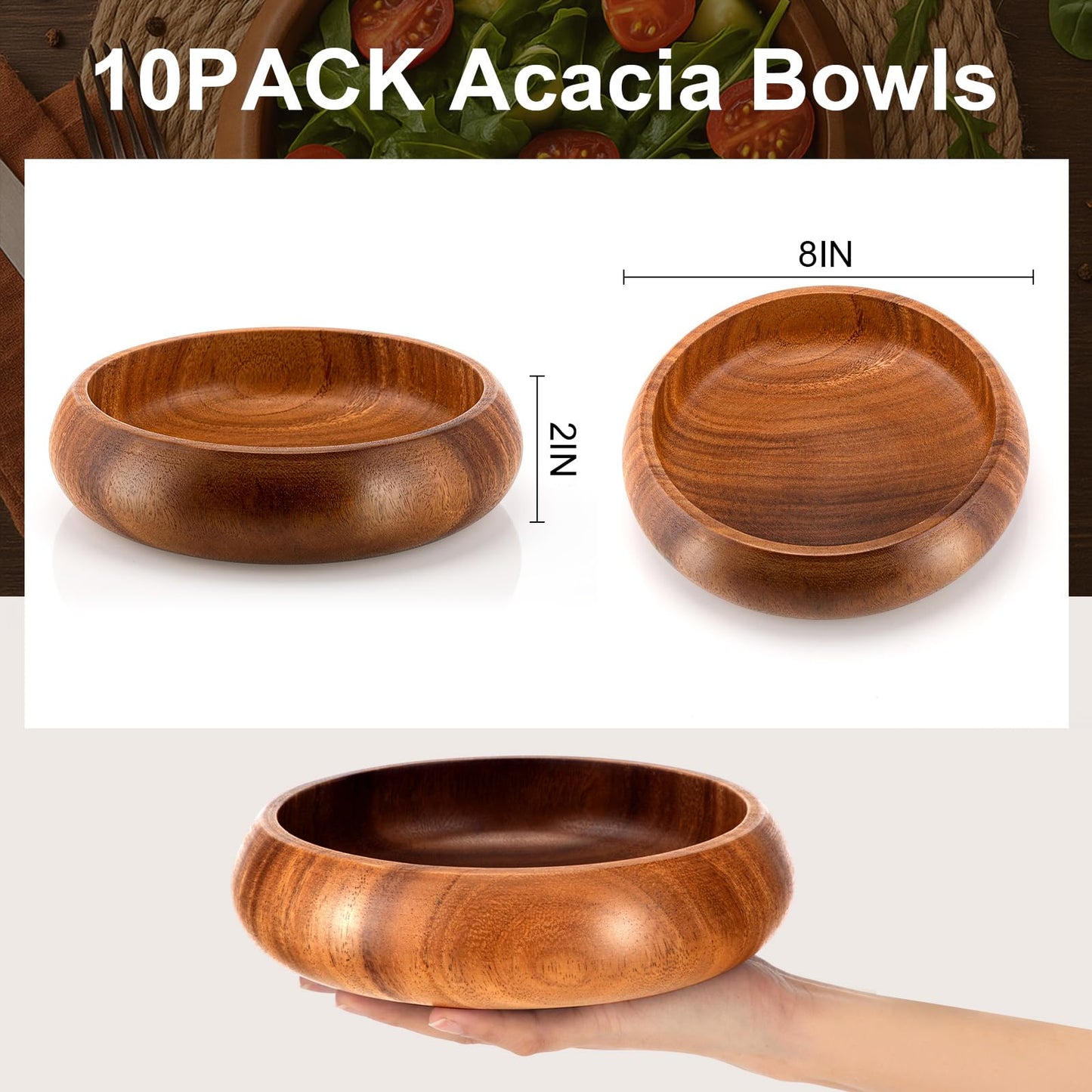 Honeydak 6 Pcs 7.87 Inches Acacia Wooden Bowls Calabash Salad Bowls Round Wood Hand Carved Dip Tray for Serving Popcorn Pasta Dessert Coconut Nuts Sauce Appetizers