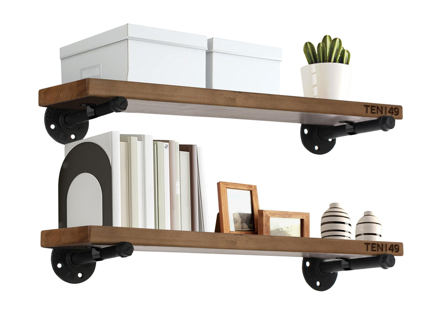 TEN49 Real Wood Rustic Floating Shelves Wall - 24 Wide Small Wooden Industrial Pipe Shelving - Farmhouse Pipe Wall Shelves Furniture Bathroom Decor Art Shelf Kitchen - Dark Espresso Color - Set of 2