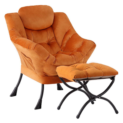 Givjoy Lazy Chair and Ottoman, Large Accent Orange Velvet Chair with Side Pocket, Modern Leisure Upholstered Reading Armchair with Footrest for Office, Bedroom, Living Room, Dorm Rooms, Balcony