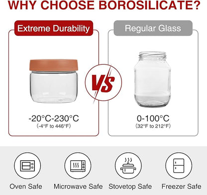 4 Pack 10oz Borosilicate Glass Jars with Lids – Fits 1 Cup Recipes and Toppings – Freezer to Oven Safe (-4°F to 446°F) Meal Prep Containers for Chia Pudding, Overnight Oats, Yogurt