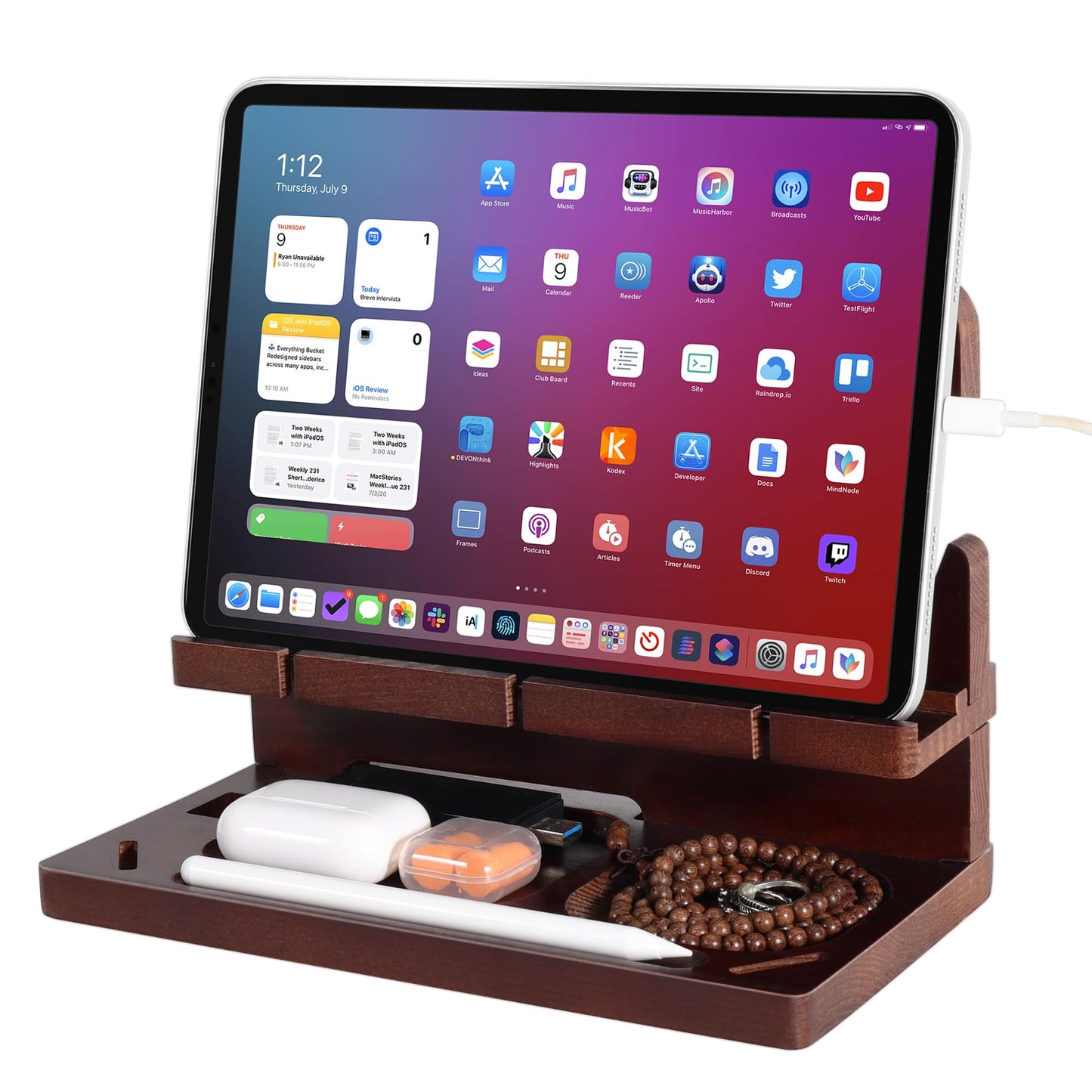 Oraich Wooden Phone Docking Station for Men, Nightstand & Desktop Organizer, Charging Stand for Phone, Watch, Wallet, ipad, Keys & Essentials