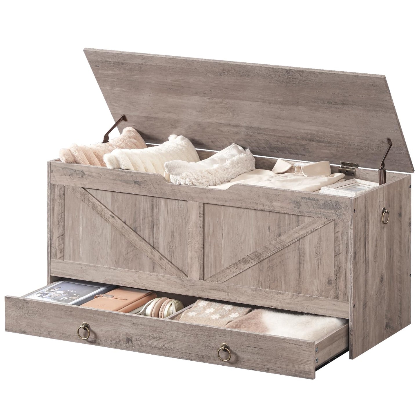 HOOBRO Storage Chest, 43.3" Toy Chest with Drawer, Wooden Storage Bench, Sturdy Entryway Bench Supports 220 lb, Shoe Bench, Safety Hinge, U-Shaped Opening, Easy Assembly, Greige BG711CW01G1