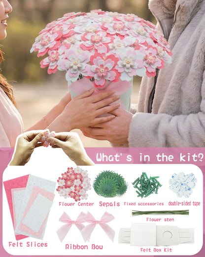 BAZIMA DIY Felt Flower Art Craft Kit,Cherry Blossom Bouquet Making Kit, Floral Gifts,Beginner Craft Kit, Arrange Pre-Cut Felt Flowers, Ideas for Art Project Activity,32 Felt Flowers.