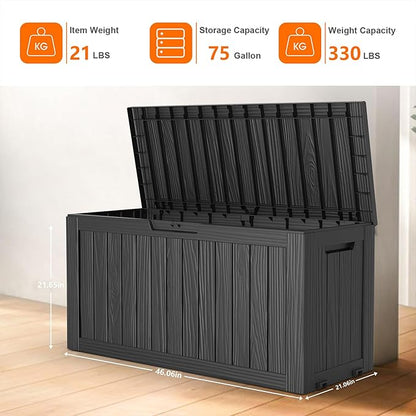 75 Gallon Resin Deck Box, Lockable Patio Outdoor Storage Box for Furniture, Garden Tools and Tools Storage, Waterproof Outside Storage Boxes - Black