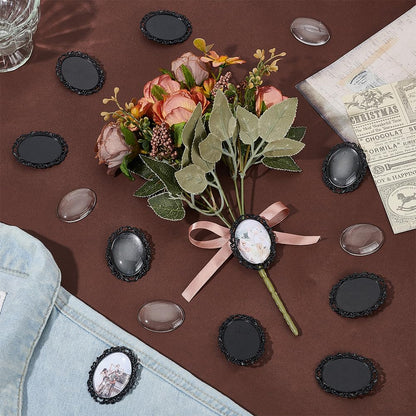 PH PandaHall 10 Sets Brooch Cabochon Making Kit, 40x30mm Vintage Oval Brooch Bezel Blank Photo Brooches Memorial Photo Pins with Clear Glass Cabochons for Jewelry Making Wedding Party, Black