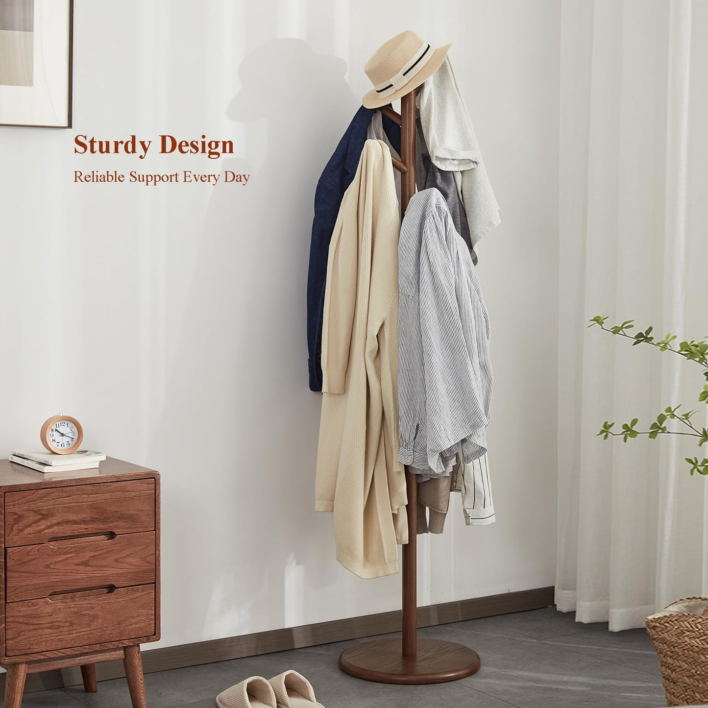 Homruilink Coat Rack, Solid Wood Coat Rack Freestanding with 6 Hooks, Wooden Coat Tree Freestanding for Hats, Handbags, Coat Stand for Entryway, Bedroom, Hallway - Fathers Day Gift for Dad (Walnut)