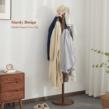Homruilink Coat Rack, Solid Wood Coat Rack Freestanding with 6 Hooks, Wooden Coat Tree Freestanding for Hats, Handbags, Coat Stand for Entryway, Bedroom, Hallway - Fathers Day Gift for Dad (Walnut)