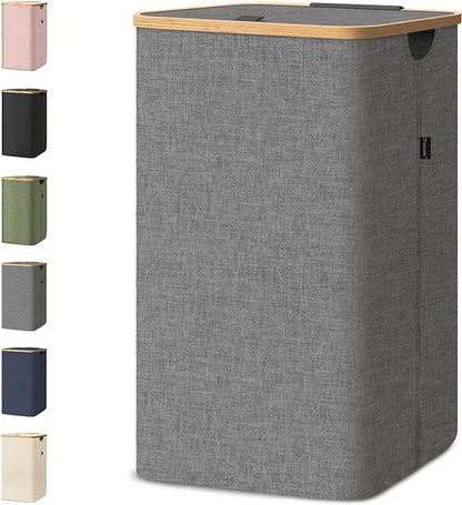 BALEINE Laundry Hamper with Lid, Tall Laundry Baskets with Bamboo Pull Handles