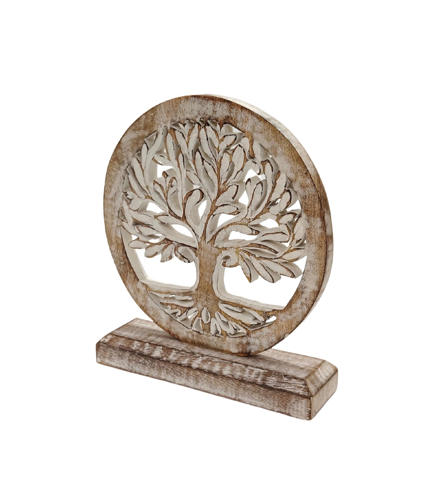 VANIYA CRAFTS® Wooden Tree of Life Table Sculpture – Handmade Carved Engraved Decor Statue for Living Room, Bedroom, Office, Shelf, or Cabinet (Antique White)