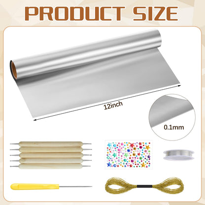 Yaocom Metal Embossing Kit, 1 Roll of 20ft Aluminum Embossing Foil, Decorative Art Craft Metal Foil Sheet Tools, Silver Shimmer Crafting Accessory, Creative Artwork Making Kit, Handcraft Supplies