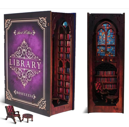 Book Nook Kit – NOOKBOOX by ROSELYZIA – DIY Miniature Dollhouse 3D Wooden Puzzle with LED Light – Bookshelf Decor Gift for Adults & Teens – Violet Purple