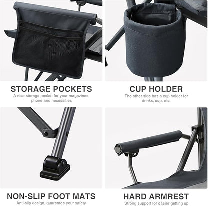 EVER ADVANCED Oversized Folding Camping Chair, for Adults Heavy Duty Lawn Chair with Side Pockets, Portable Collapsible Quad Chair for Outside, Support Up to 500lbs, Grey