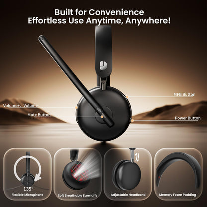 Dytole Wireless Headset with Mic for Work, Bluetooth 5.3 Headset with Noise Cancelling, Wireless Headphones with Mic & USB Dongle, 65H & Mute, Ideal for PC/Call Center/Computer/Laptop/Study