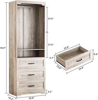 IRONCK Freestanding Closet System with 3 Wood Drawers, Modern Armoire Wardrobe with Adjustable Shelves & Hanging Rod, Walk-in Closet Systems Organizer for Small Closet, Rustic Maple