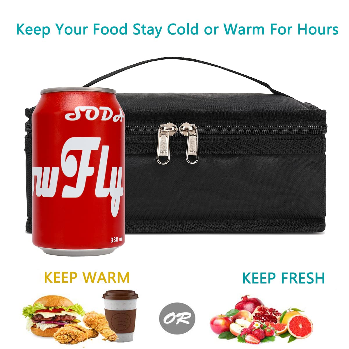 FlowFly Small Insulated Lunch box Portable Soft Bag Mini Cooler Thermal Meal Tote Kit with Handle for Work & School, Black