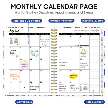 Planner 2026-2027, Academic Year Weekly and Monthly Calender Planner, from Jul 2026 - Jun 2027, Spiral Bound School Planning Book, Perfect for Teacher, Student, Women & Men, A5 (6.3" x 8.5"), Indigo Tulips