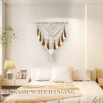 lokeisna Macrame Wall Hanging, Woven Tapestry Beige & Dusty Rose Handmade Craft Macrame Wall Room Decor, Gallery & Nursery, Size 37.4” Lx27.5” W