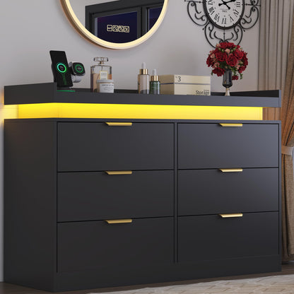 UNIQUITE 6 Drawer Dresser for Bedroom, Black Dresser with LED Lights and Power Outlet, Wooden Dressers Chests of Drawers, Double Wide Dressers for Bedroom, Entryway, Hallway