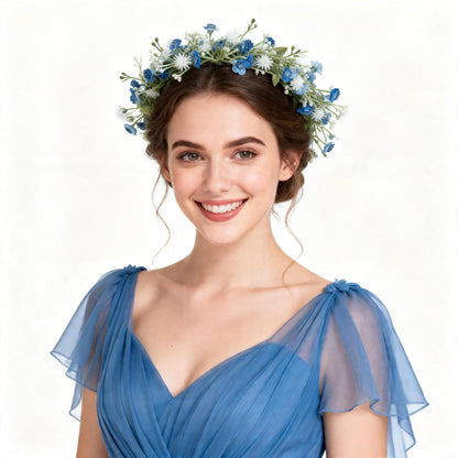 June Bloomy Bridal Flower Crown Women Rose Floral Headband Maternity Photo Prop Baby Shower Leaf Hair Wreath (B-Blue)