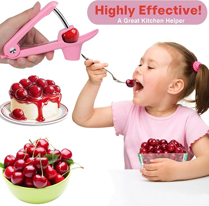 Cherry Pitter Tool Pit Remover, Cherry Core Remover Tool with Space-Saving Lock Design, Heavy-Duty Cherry Pit Remover for Kids/Making Cherry Jam (Pink)