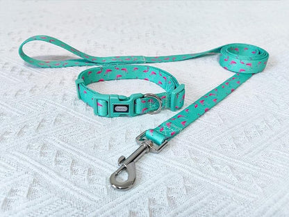 Dog Collar Leash Set, Flamingo Pattern, Polyester Material, Adjustable Collar and 5ft Matching Leash, for Small Dogs.(S, Green Flamingo)
