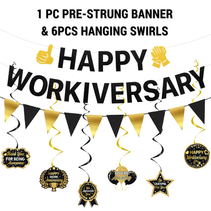 Roetyce Work Anniversary Party Decorations, Black Gold Happy Workiversary Banner Cake Topper Balloons Hanging Swirls, Work Anniversary Backdrop Background for Employee Coworker Office Party Supplies