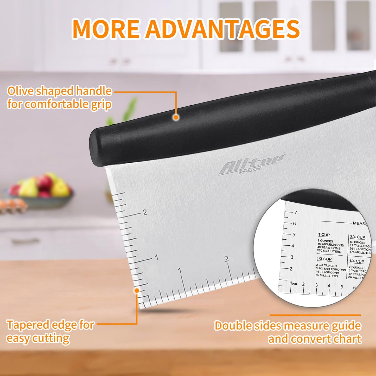 ALLTOP Bench Scraper & Chopper for Kitchen - Ideal Baking Essential Utensil,Stainless Steel Pastry/Dough/Food Cutter Tool for Cake Pizza Bread,Cooking - 1 Pack,Black