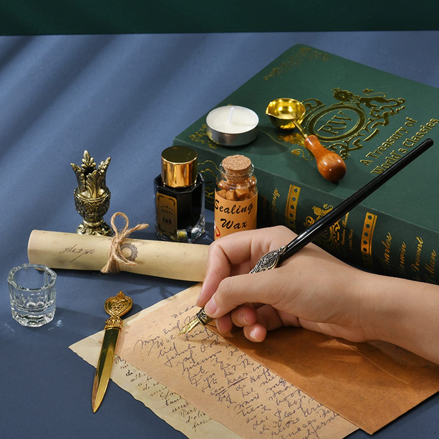 Joyeee Wooden Dip Pen Set with Ink, Vintage Letter Opener Knife, Desk Pen Holder, Tealight Candles, Idea for Writing, Drawing, Signatures, Art Gifts, Envelope Wax Seal Kit with Gold Wax Seal Beads
