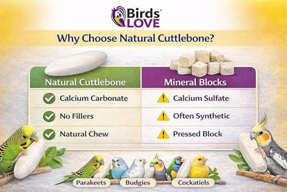 Birds LOVE 7.5-8" Cuttlebone for Birds – 100% Natural Sun-Dried Calcium Carbonate Mineral Supplement – for Parakeets, Budgies, Cockatiels, Finches & Canaries – 2 Pack with Holder – Made in Vietnam