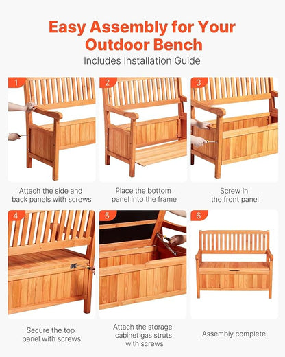 VEVOR Outdoor Storage Bench, 2-Person Wooden Storage Bench, 33 Gallons Deck Box with Side Handle, Supports up to 705 lbs, Weatherproof Outdoor Seating & Porch Decor, for Patio Garden Balcony Yard