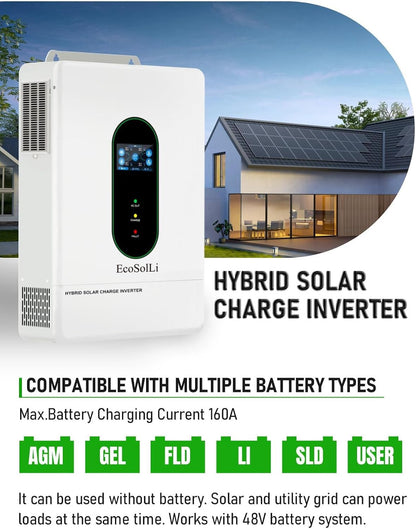 EcoSolLi 12000W Hybrid Inverter, 48V Split Phase Solar Inverter with WiFi, 120V/240V AC Input/Output (settable), Built-in 2 MPPT Solar Controllers, Max. 6 Parallel for Home, RVs, Lead Acid/Li,UL1741