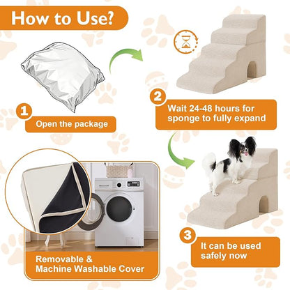 Dog Stairs for Small Dogs 11.5’’ H, 2-Step Dog Steps for Bed, Pet Stairs and Ramp for Dogs and Cats to Get on Beds, Couch, Non-Slip Balanced Pet Steps with Waterproof Cover, Beige