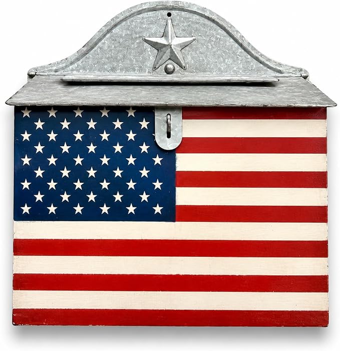 Vintage Americana Post Box Wall Decor – Rustic Farmhouse Mailbox, Patriotic Hanging Wall Accent, Decorative Metal Mail Holder for Entryway, Porch & Home Décor