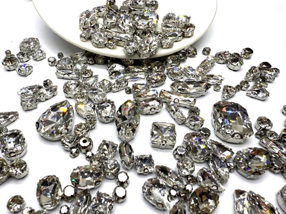 260 PCS/Pack 9 Shapes 24 Sizes Mixed Clear Crystals, Silver Sew on Glass Rhinestones,Crystal Gems Mental Flatback with Silver Claw, for Jewelry Crafts Costume DIY Garment