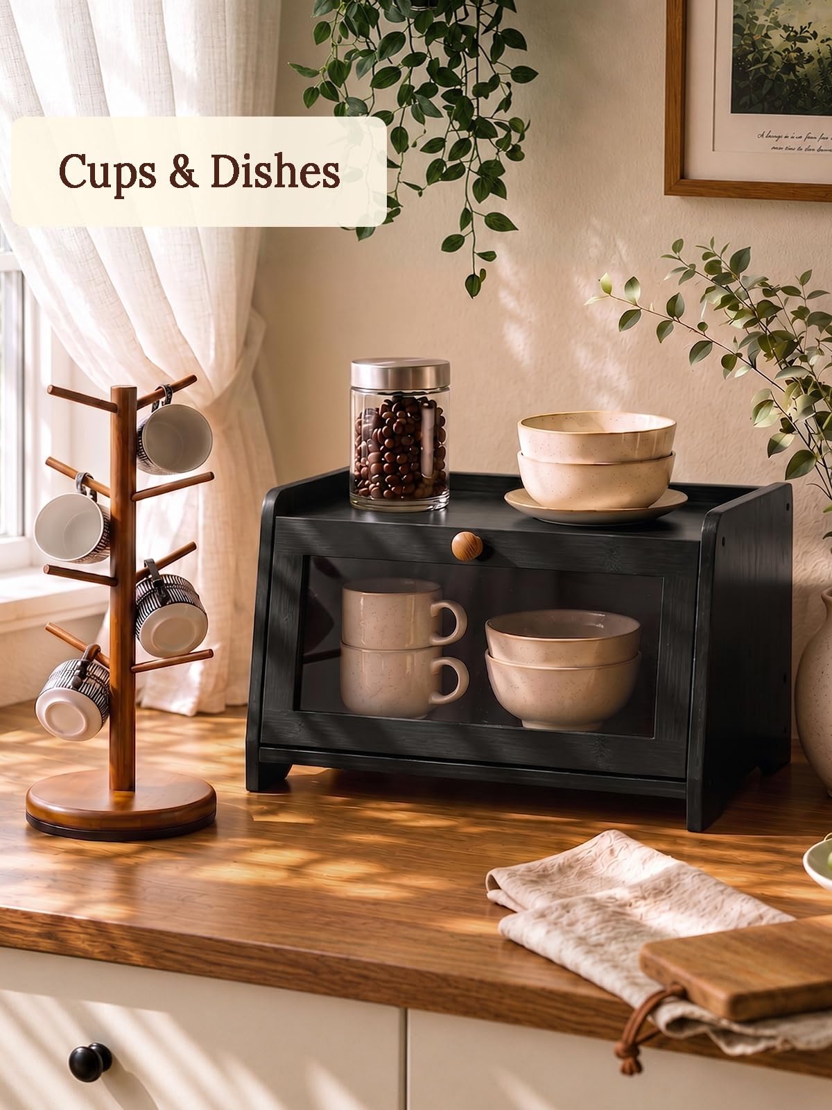 Plusinthebox Black Bread Box for Kitchen Countertop, Large Capacity Wooden Bread Storage Container, Modern Kitchen Bread Keeper for Pantry, Counter and Coffee Bar Organization