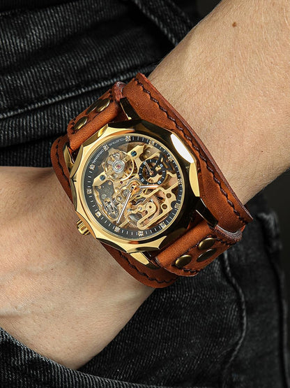 YOURTIME Skeleton Mechanical Watch for Men and Women – Automatic Transparent Golden Dial, Wide Handmade Genuine Leather Strap, Vintage Steampunk Style