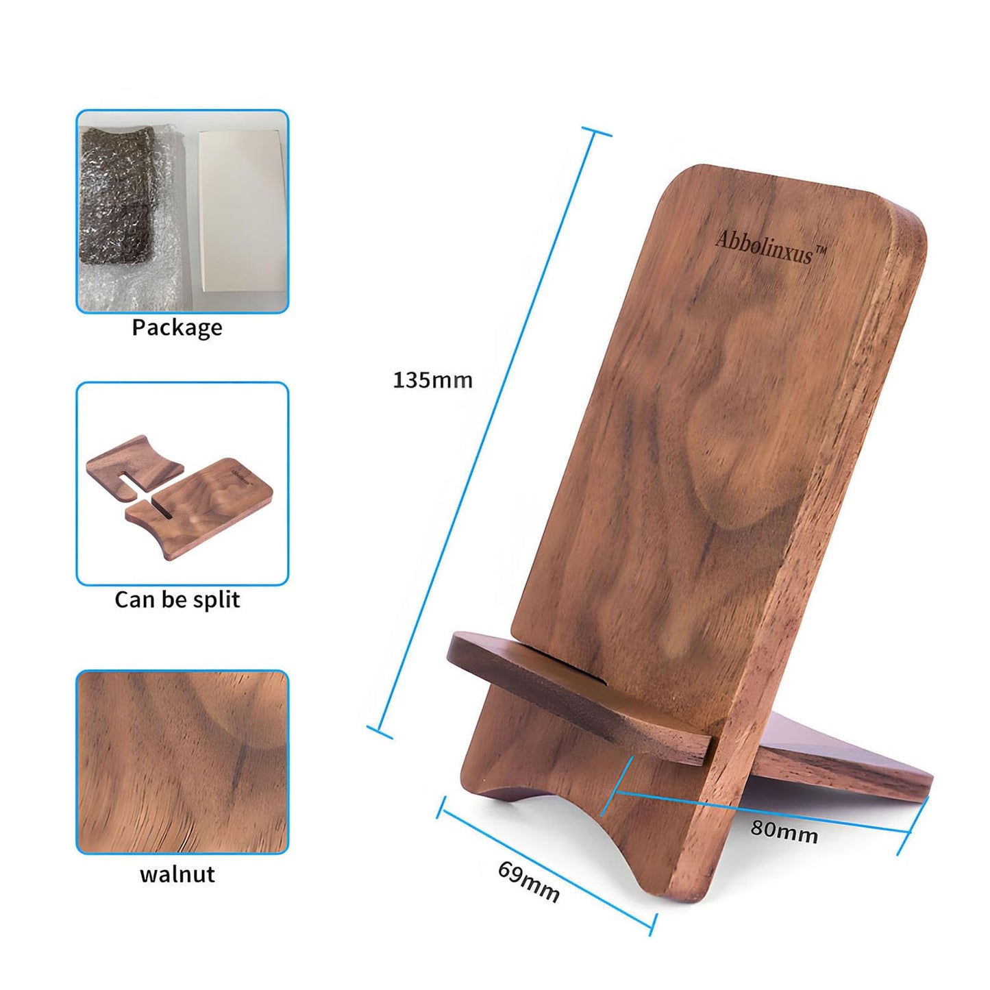 Abbolinxus Solid Wood Phone Stand, Desktop Wooden Phone Stand, Simple Phone Holder, Compatible with All Phones (Walnut Wood)