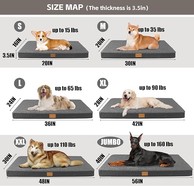 Patas Lague Orthopedic Jumbo Dog Bed for Large Sized Dog 56''X40'', Soft Waterproof Egg Crate Foam Large Pet Crate Beds Mat with Removable Washable Cover and Non-Slip Bottom, Dark Grey