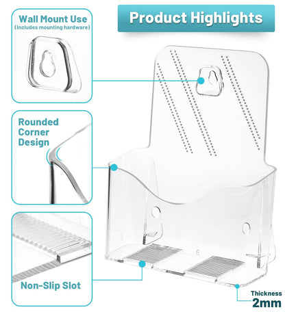 Viymgit Acrylic Brochure Holder 6 x 8 Inches, 2-Pack Clear Plastic Display Stand for Half-Fold Flyers, Pamphlets, Menus, Trifold Literature, Wall Mount or Countertop Use