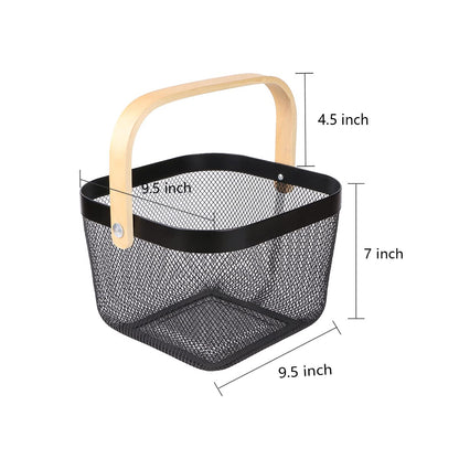 Ymeibe Mesh Steel Storage Organizer Basket Fruit Basket Bin with Wood Handle Ideal for Kitchen Bathroom Picnic Baskets Pantry Cabinets Storage Home Decor (Black)