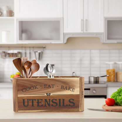 RMCOKGX Utensil Holder for Kitchen Countertop - Extra Large 3 Compartment Wooden Organizer in Acacia Wood, Storage for Cooking Tools and Cutlery, Farmhouse Style for Home Cooking