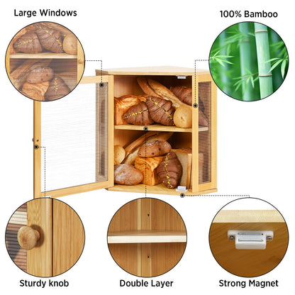 Ollieroo Bread Box,Bamboo Bread Container,Double Layer Large Capacity Storage Bins,Kitchen Countertop Bread Box,Bread Saver with Acrylic Wavy Door Panel,Bamboo,Extra Large