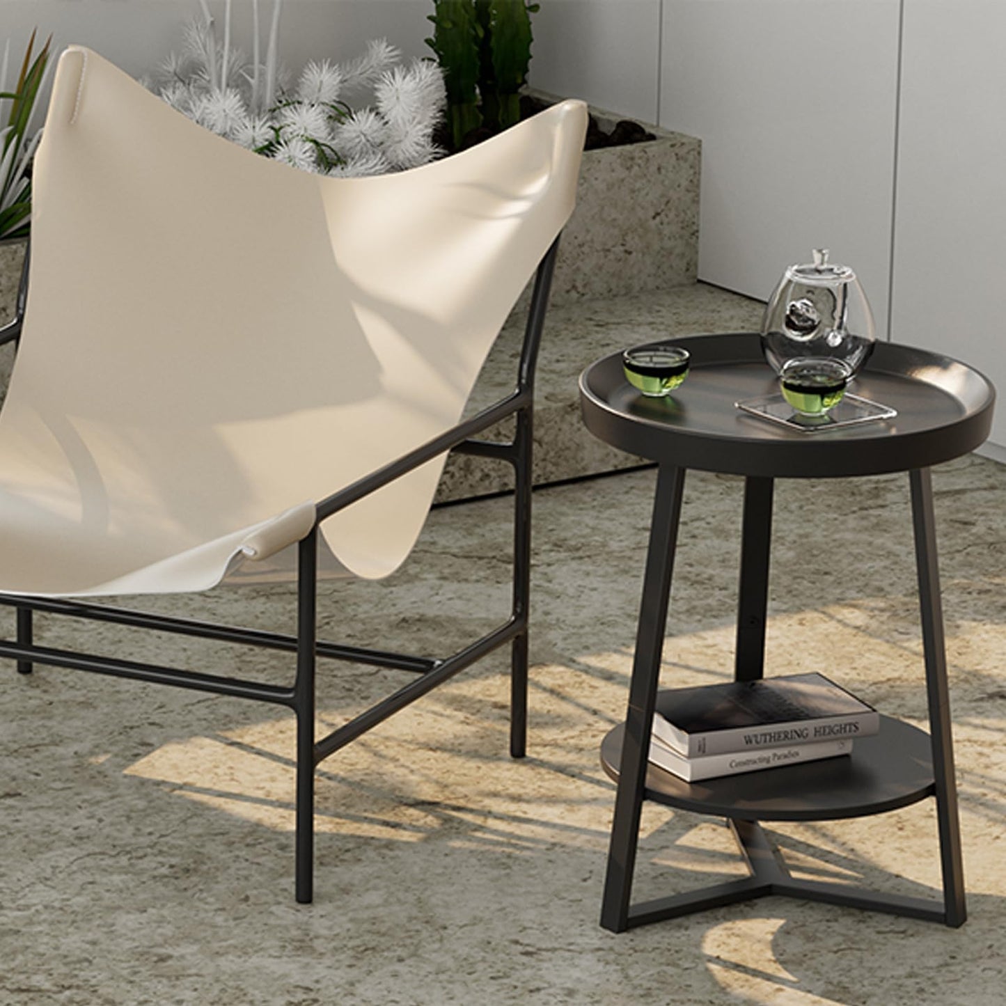 Gadroad Round End Table with Storage Shelf, 2 Tier Farmhouse Side Table Nightstand for Living Room, Bedroom, Wood Tabletop & Black Metal Frame, Black 15.7 * 15.7 * 23.0inches