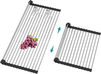 Extra Large Expandable Roll Up Dish Drying Rack,Over The Sink Drying Rack Sink Cover Kitchen Sink Accessories Kitchen Rolling up Stainless Steel Drainer, Foldable,Rollable（Black，22.8''-12.4''）