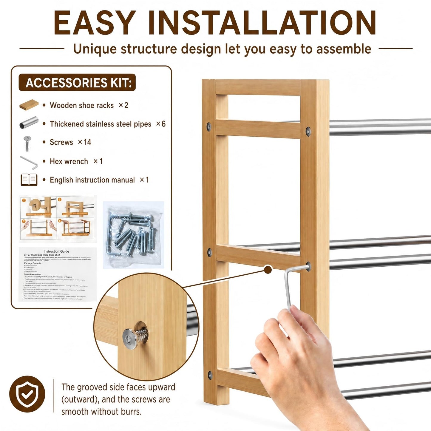 THENNIKIGO Shoe Rack Wooden, Oak Expandable Shoe Organizer, 3-Tier Stainless Steel Shoe Shelf, 17.7“-31.4” Shoe Storage 6-12 Pairs, for Closet, Garage, Narrow Spaces, Entryway, Door Entrance