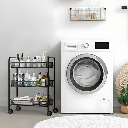 3 Tier Metal Rolling Cart with Wheels, Wire Bathroom Organizer Storage Shelves with Hooks, Utility Cart for Kitchen Laundry Room, Black